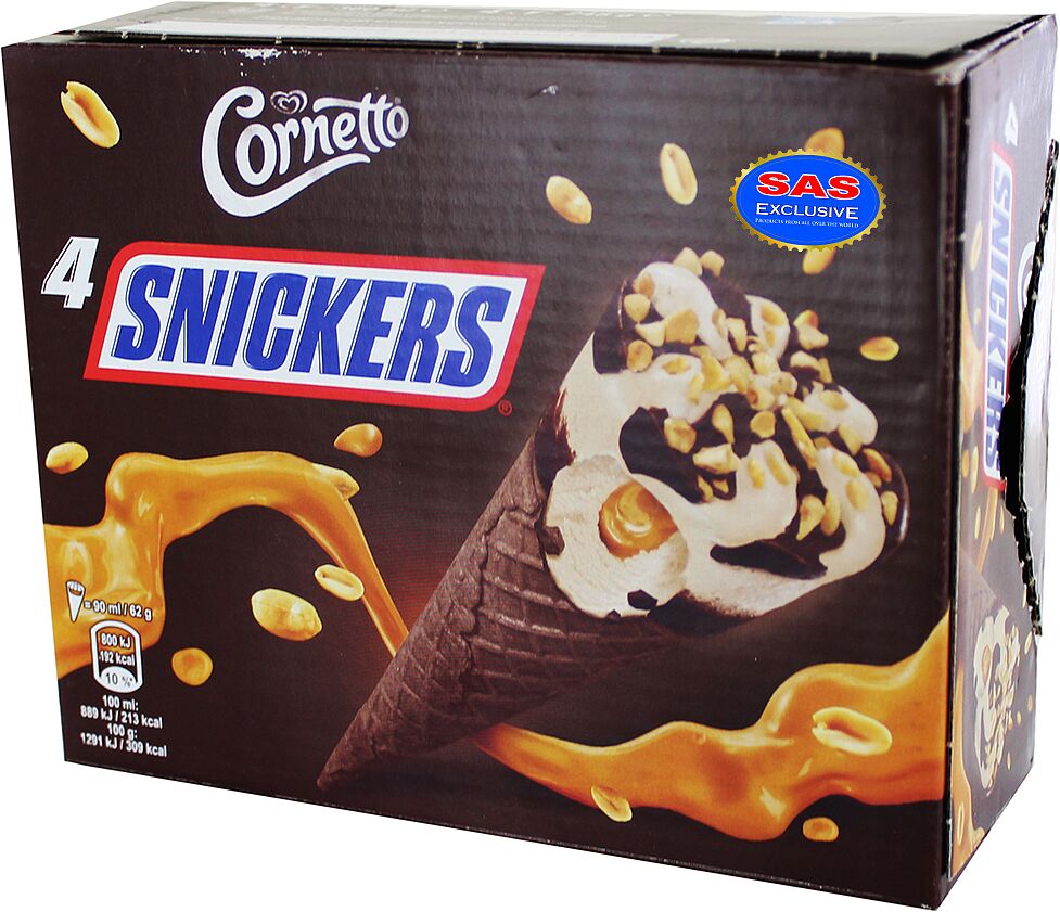 Мороженое ванильное "Snickers Cornetto" 4*62г
