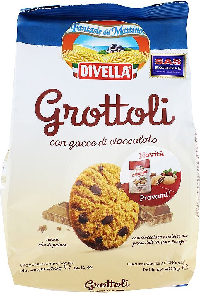 Թխվածքաբլիթ շոկոլադե կտորներով «Divella Grottoli» 400գ