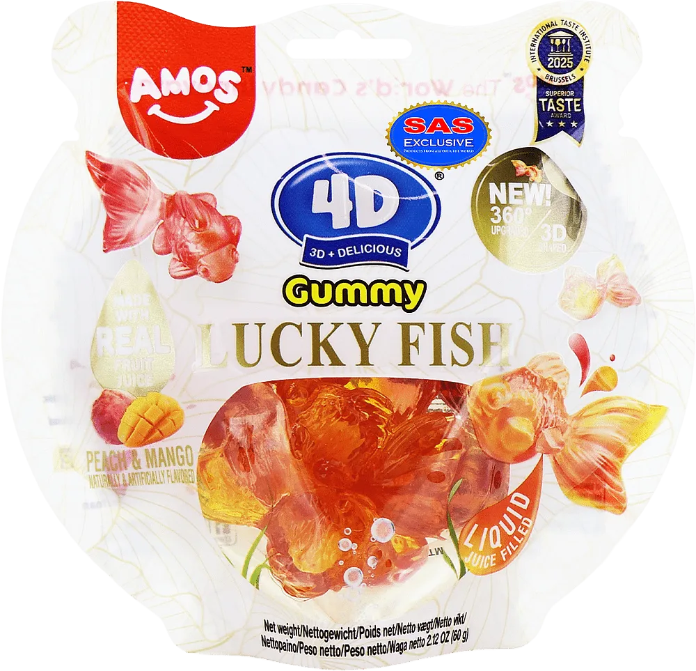 Մաստակ-կոնֆետ մանգոյի և դեղձի «Amos 4D Lucky Fish» 60գ
