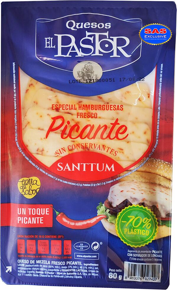 Sliced cheese "Quesos El Pastor Picante" 80g
