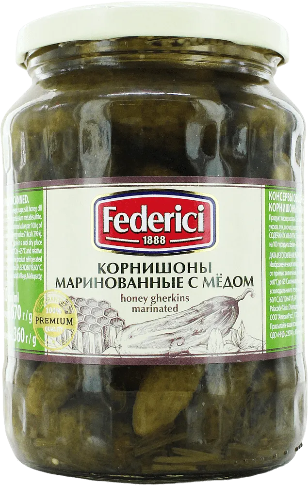 Pickled cornichons with honey "Federici" 670g
