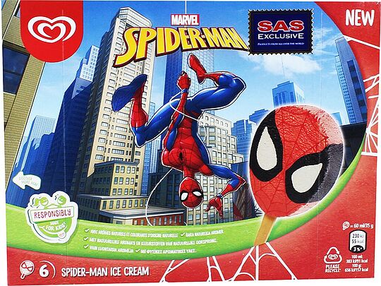 Պաղպաղակ ելակի, շոկոլադե և վանիլային «Disney Spiderman» 6*35գ