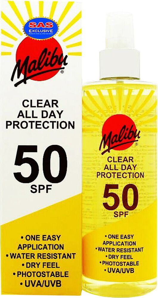 Солнцезащитное масло-спрей "Malibu  Clear All Day Protection 50 SPF " 250мл