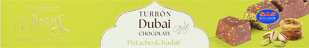 Turron with milk chocolate, pistachio cream, wheat noodles & nougat "Torrons Vicens Dubai Chocolate" 200g