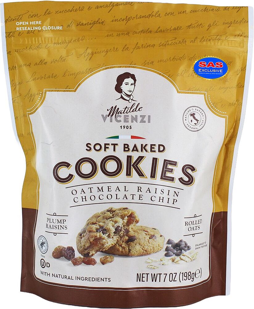 Cookies ith chocolate chips, raisins & oats "Matilde Vicenzi" 198g
