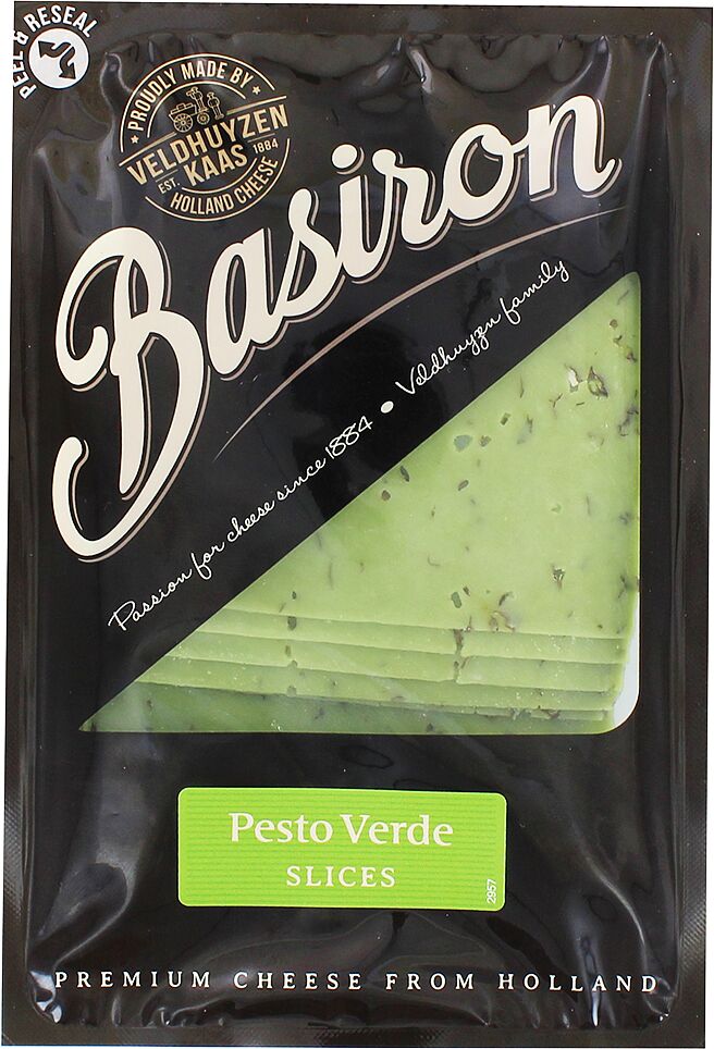 Sliced gouda cheese "Veldhuyzen Basiron Pesto" 150g
