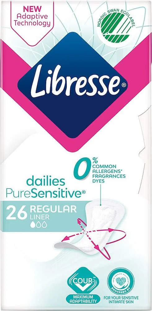 Ամենօրյա միջադիրներ «Libresse Pure Sensitive Regular» 26 հատ
