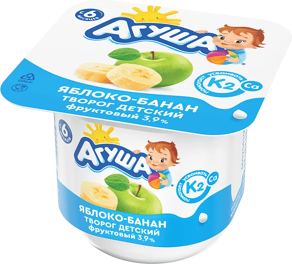 Curd with apple & banana flavor "Agusha" 100g, fat content: 3․9%
