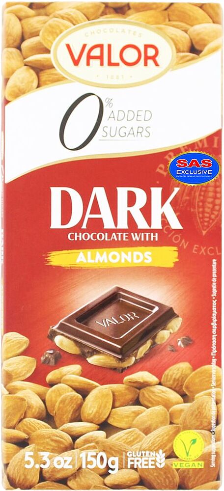 Шоколадная плитка темная с миндалем "Valor" 150г