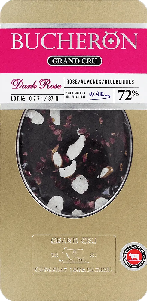 Chocolate bar with almonds, blueberry & rose petals "Bucheron Grand Cru" 100g