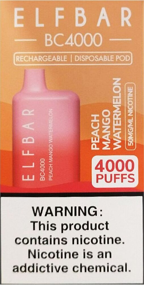 Electric pods "Elf Bar" 4000 puffs, Peach, Mango & Watermelon 	