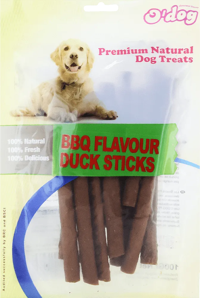 BBQ & duck flavored snacks for dogs "O'Dog BBQ Duck Sticks" 100g