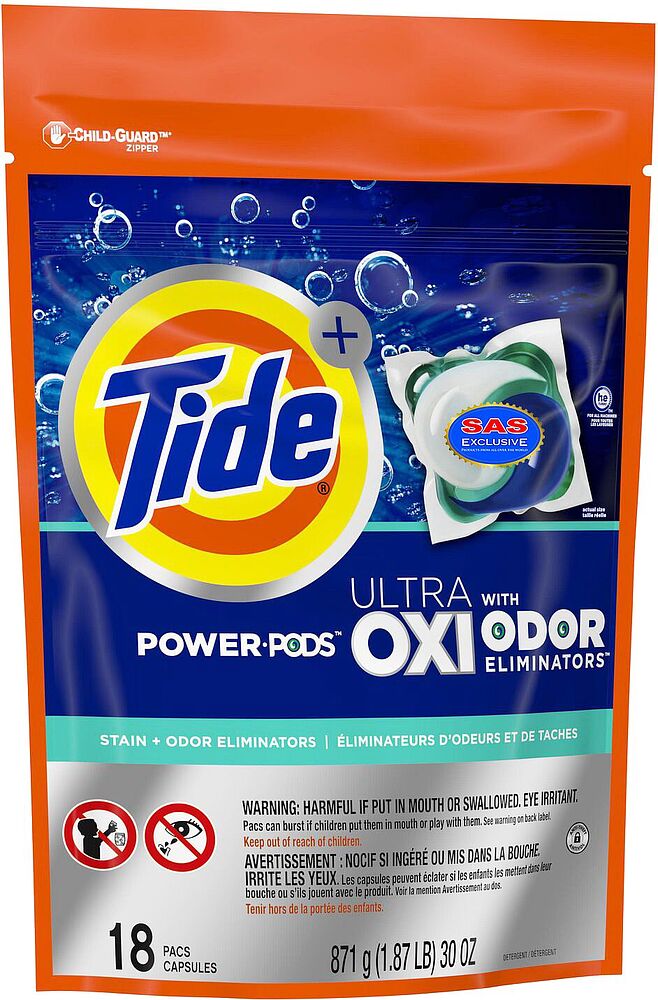 Լվացքի պարկուճներ «Tide Ultra Oxi Odor» 18 հատ Ունիվերսալ
