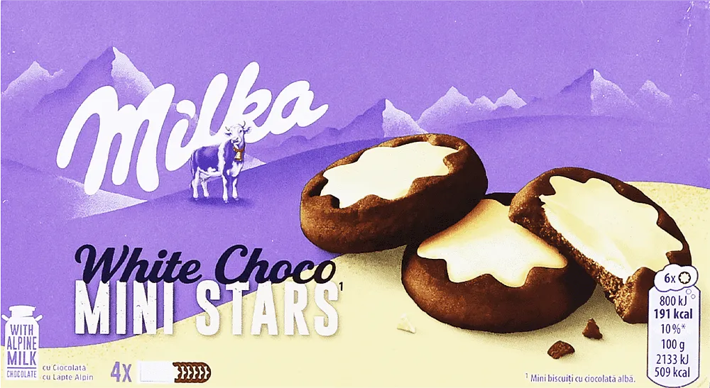 Cookies with milk filling & white chocolate "Milka White Choco Mini Stars" 150g