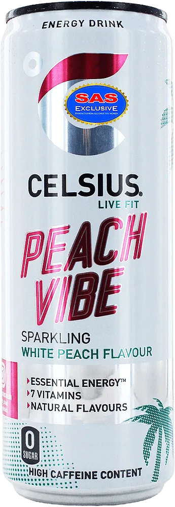 Energy carbonated drink with peach flavour "Celsius Peach Vibe Zero" 355ml