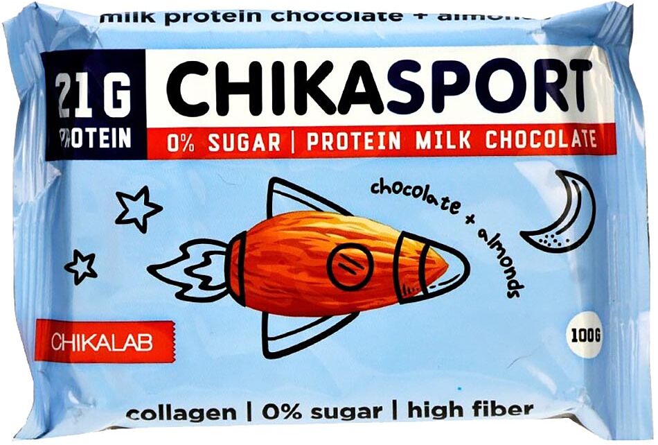 Шоколадная протеиновая плитка с миндалем "Chikalab Chikasport" 100г
