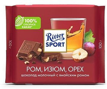 Шоколадная плитка с ромом, изюмом и орехом "Ritter Sport" 100г 