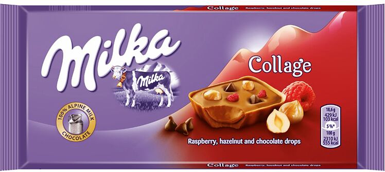 Շոկոլադե սալիկ ազնվամորիով, պնդուկով և շոկոլադի կտորներով «Milka Collage» 93գ