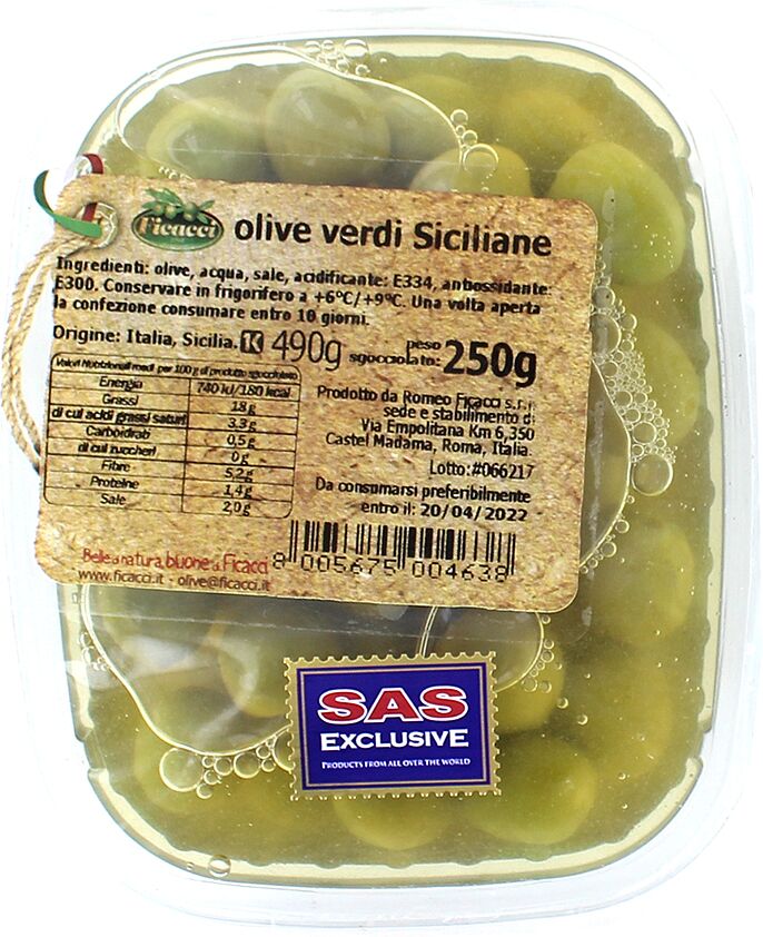 Ձիթապտուղ կանաչ կորիզով «Ficacci Siciliane» 250գ
