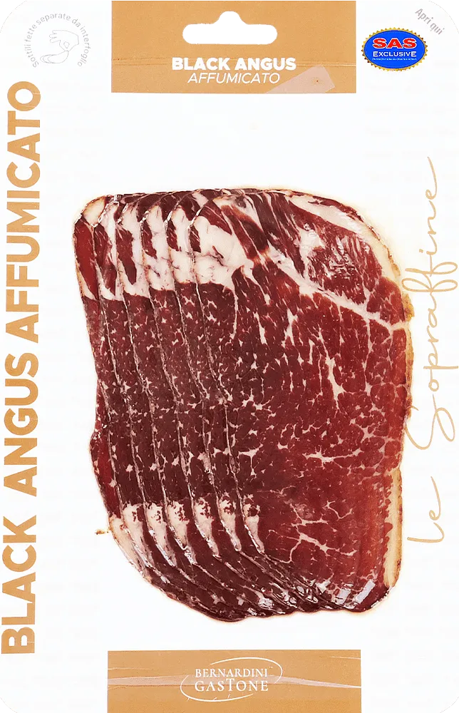Սև Անգուսի միս ծխեցված, կտրտած «Bernardini Gastone Black Angus Affumicato» 0.100կգ
