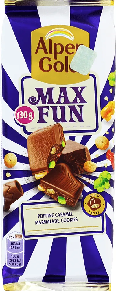 Chocolate bar with explosive caramel, marmalade and biscuits "Alpen Gold Max Fun" 130g