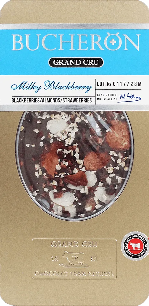 Chocolate bar with blackberries, nuts & strawberries "Bucheron Grand Cru" 100g
