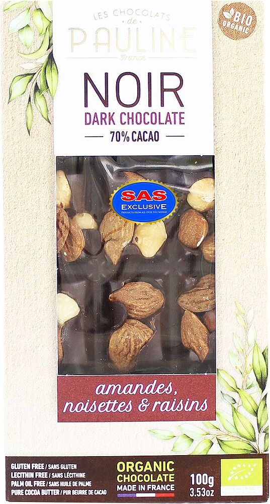 Chocolate bar with almonds, hazelnuts & raisins 
