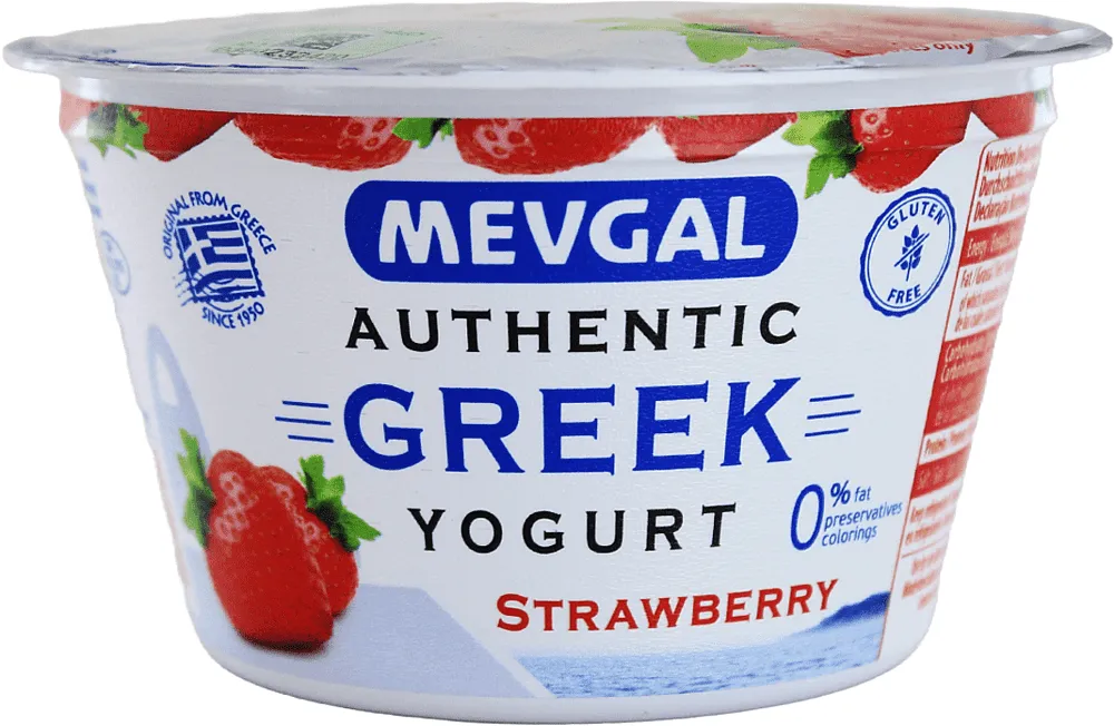 Greek yogurt with strawberry "Mevgal" 150g, fat content: 0%
