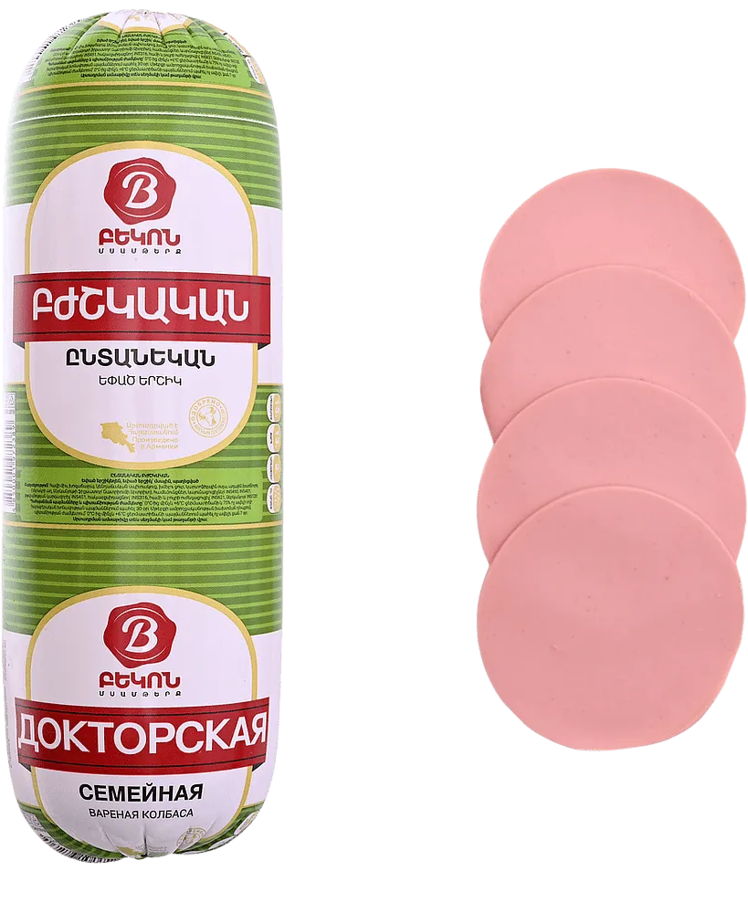 Boiled sausage product "Bacon Family Doctoral" 