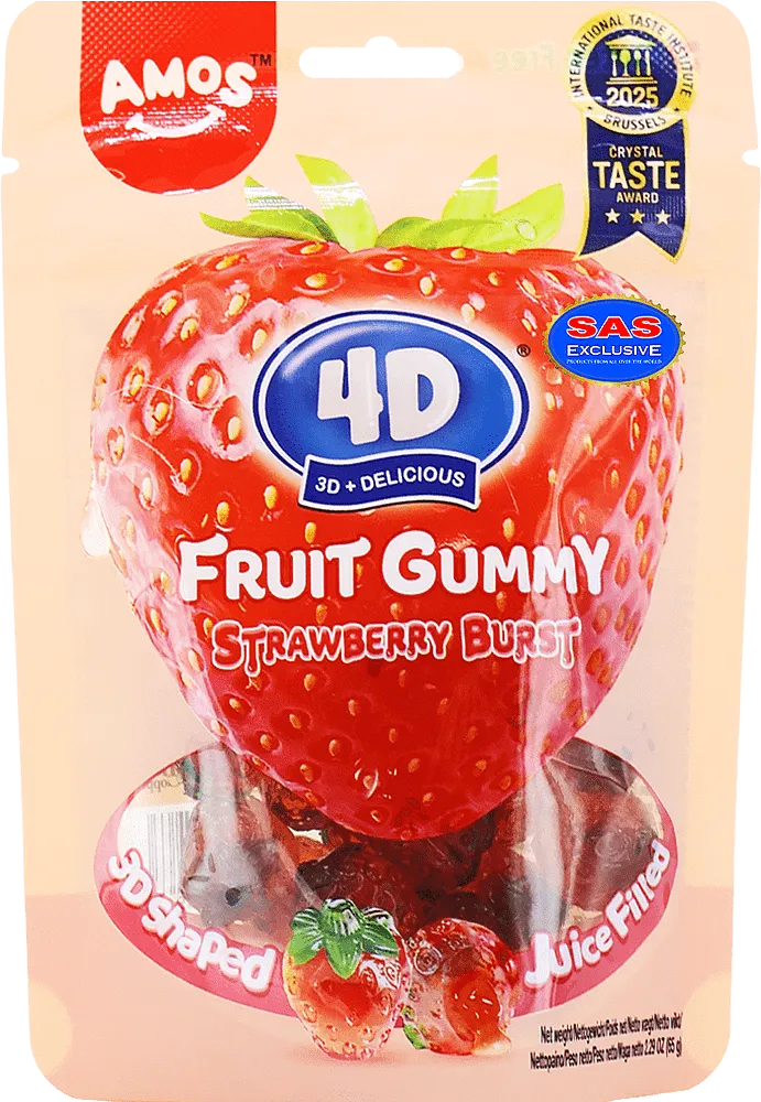 Մաստակ-կոնֆետ ելակի «Amos 4D Strawberry Burst» 65գ
