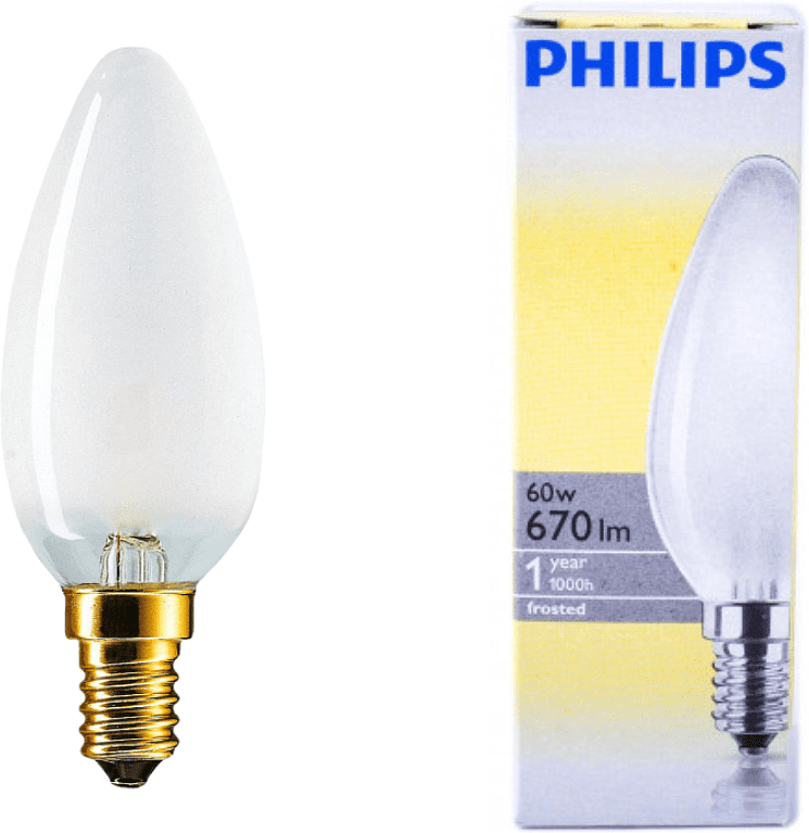 Лампа электрическая "Philips" B35 230 V, E27 SES 1000h, 670 lm 60 w, тонкий патрон, матовая 
