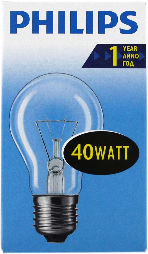 Light bulb "Philips"A 55 230 V, E27 ES 1000h, 415 lm 40 w, thick patron, clear 