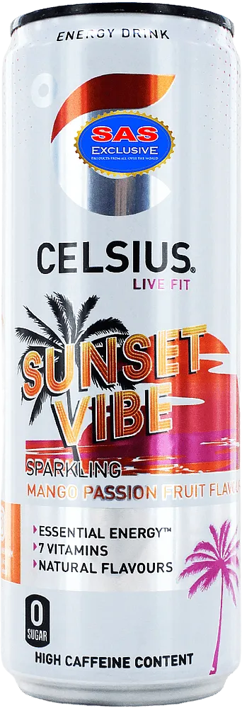 Energy carbonated drink with mango & passion fruit flavour "Celsius Sunset Vibe Zero" 355ml
