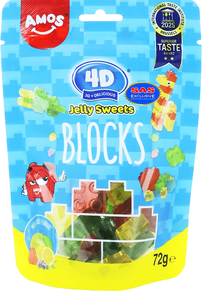 Դոնդողե կոնֆետներ մրգային «Amos 4D Blocks» 72գ
