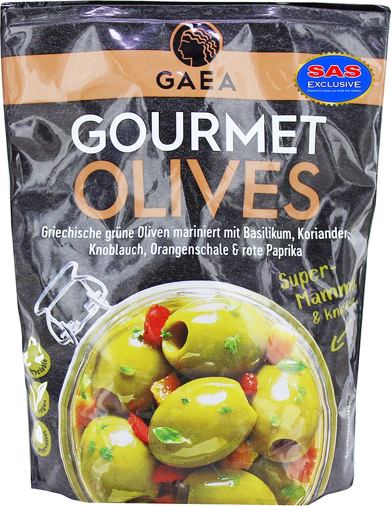 Green olives pitted with basil, coriander, garlic, orange peel, red peppers 