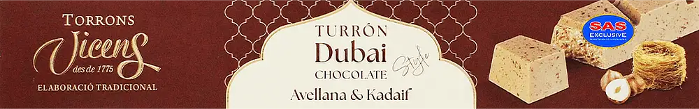 Turron with milk & caramel chocolate, hazelnut cream, wheat noodles & nougat "Torrons Vicens Dubai Chocolate" 200g
