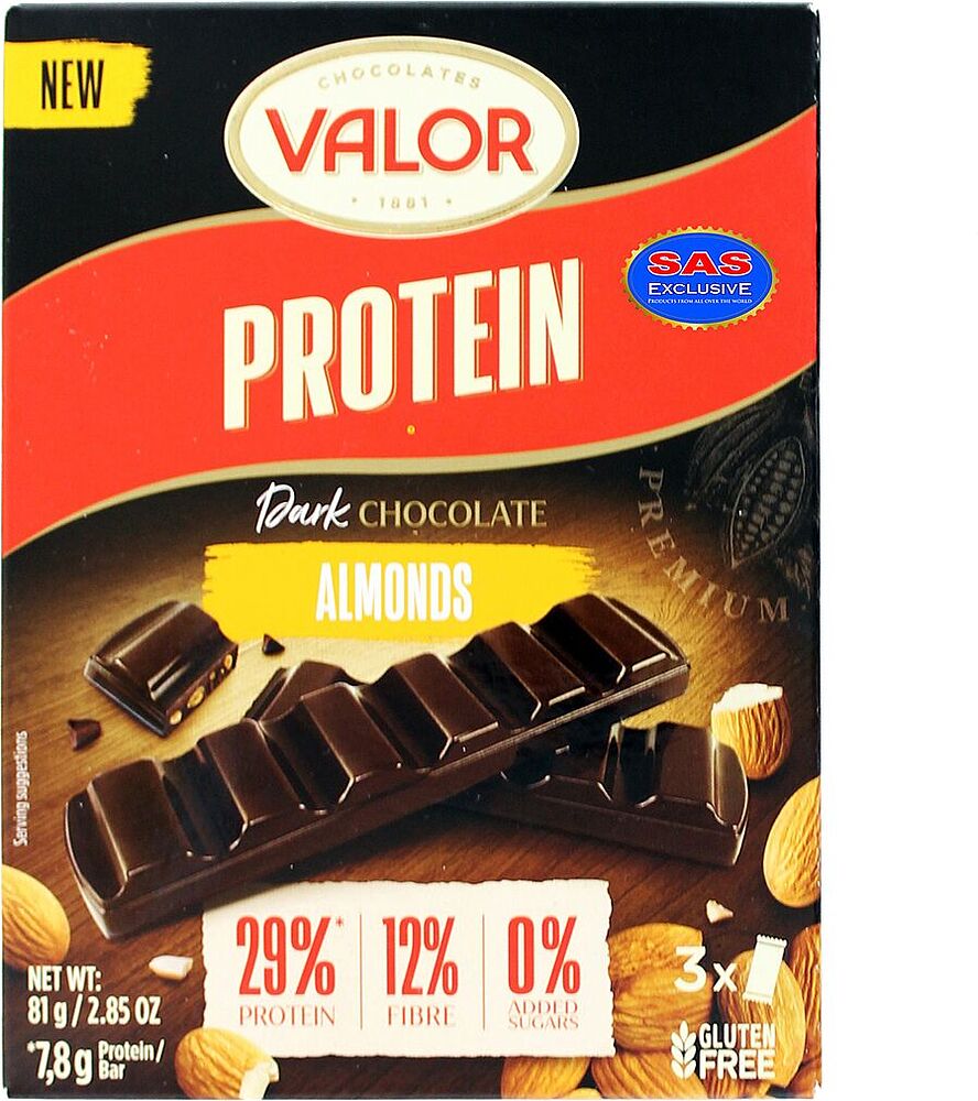 Dark chocolate bar with almonds "Valor Protein" 81g