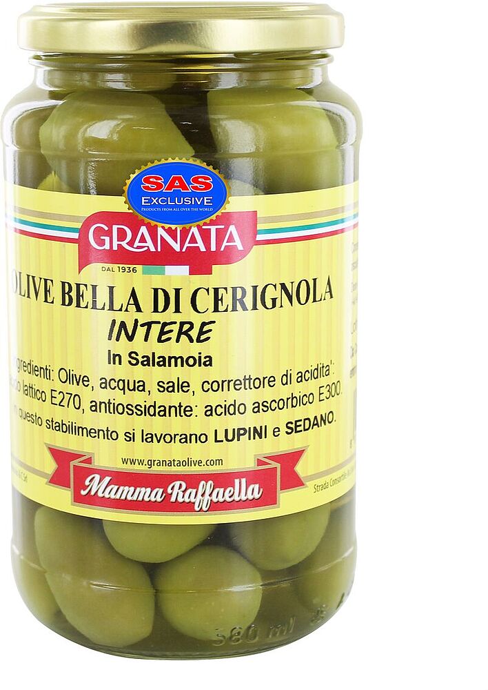 Green olives with pit "Granata Bella Di Cerignola Intere" 320g
