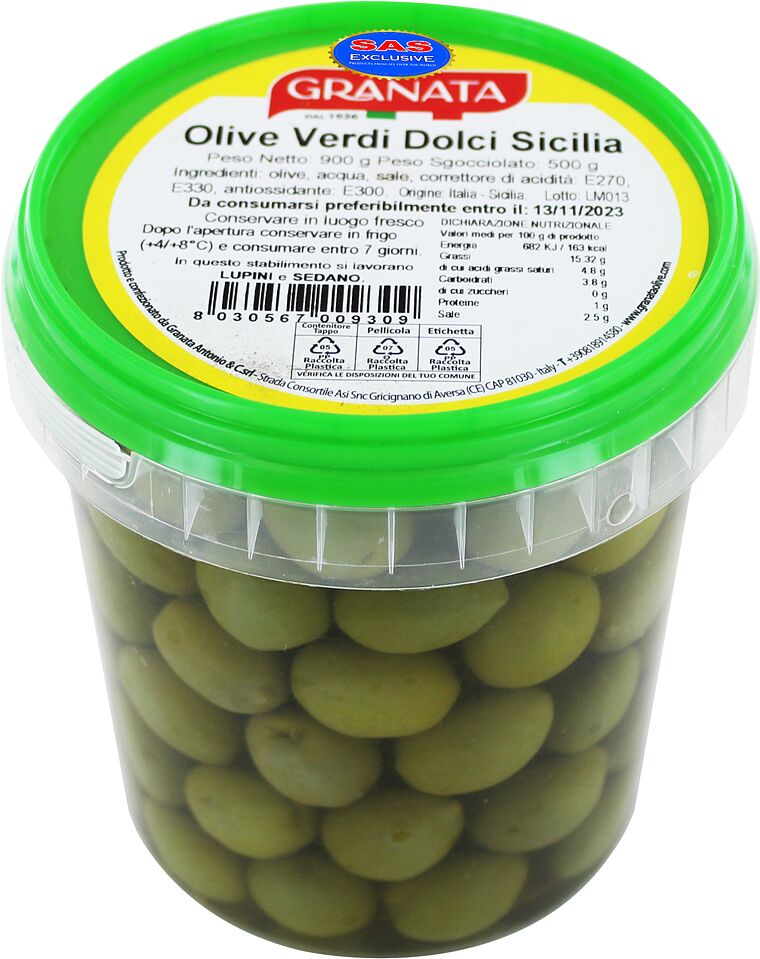 Оливки зеленые с косточкой "Granata Verdi Dolci Sicilia" 500г