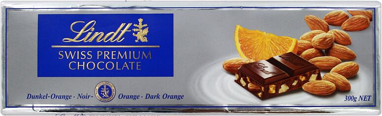 Шоколадная плитка, горькая с апельсином и миндалем  "Lindt" 300г 