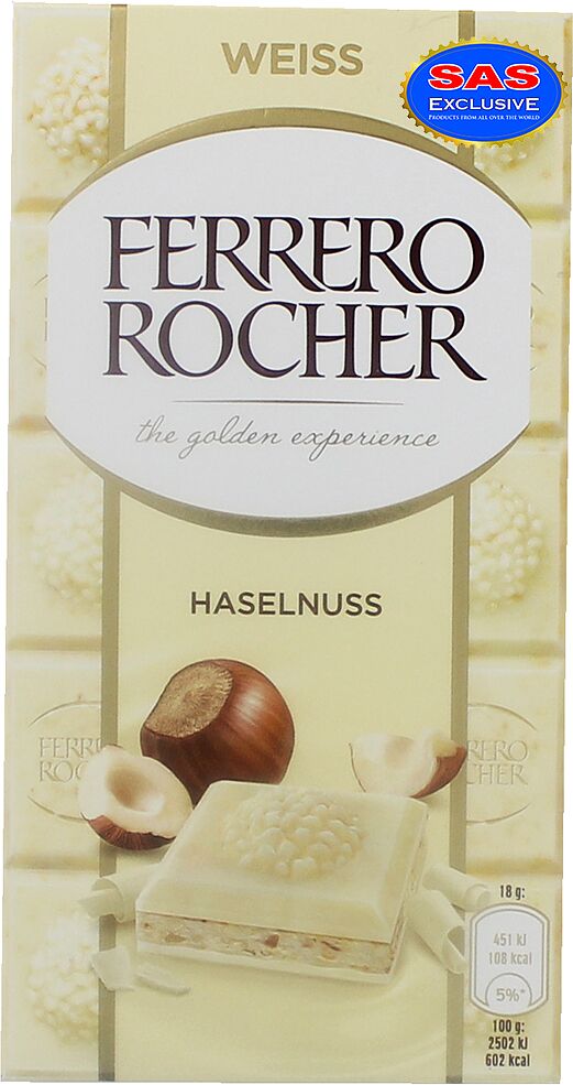 Шоколадная плитка белая с фундуком "Ferrero Rocher" 90г